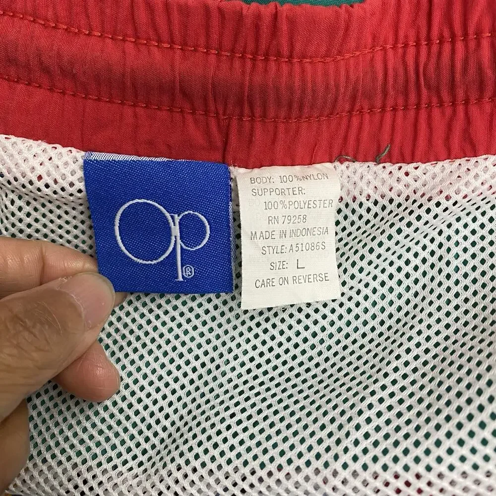 Vintage OP Ocean Pacific Swim Trunks Mens L Green Red Retro 90s Beach Shorts